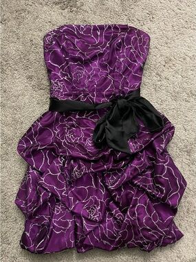 Deb Strapless Purple Prom Dress with Black Waist Bow Accent